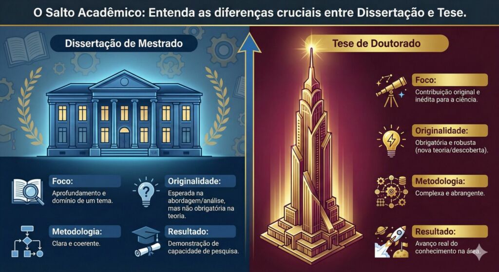 Infográficaco mostrando a diferença entre Dissertação vs. Tese (O que muda?)