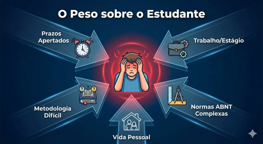 Infográfico vetorial intitulado O Peso sobre o Estudante, ilustrando as principais pressões enfrentadas por universitários na reta final do curso. No centro, um ícone de estudante estressado com as mãos na cabeça é pressionado por cinco setas convergentes: Prazos Apertados (ícone de relógio), Trabalho/Estágio (ícone de maleta), Metodologia Difícil (ícone de livro complexo), Normas ABNT Complexas (ícone de régua e compasso) e Vida Pessoal (ícone de casa e família).