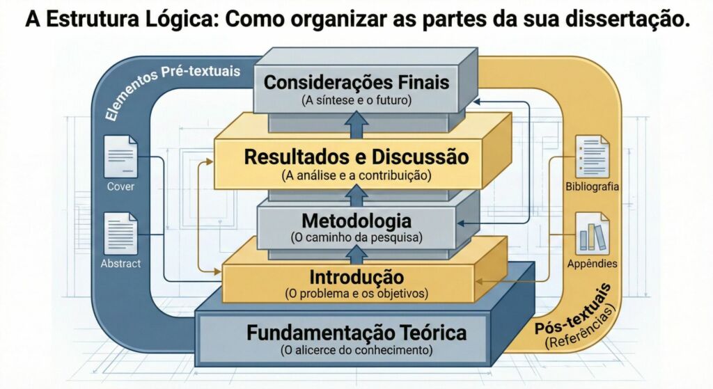 A imagem mostra A Anatomia da Dissertação de Mestrado, com o título A estrutura lógica: como organizar as partes da sua dissertação.