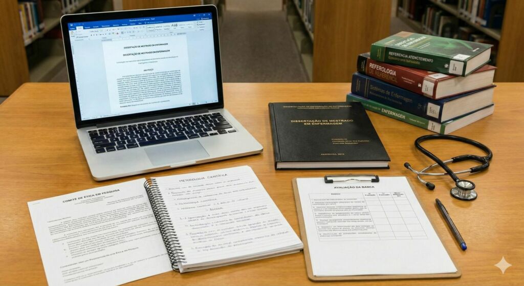 Notebook aberto em cima de uma mesa com uma Dissertação de Mestrado em Enfermagem, com alguns livros, um estestocópio e uma caneta