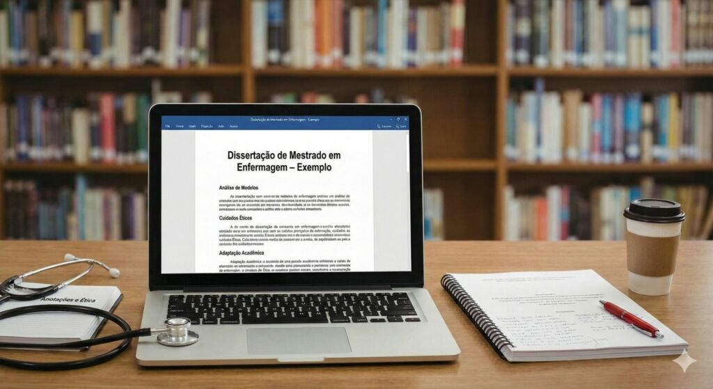 Notebook aberto com uma Dissertação de Mestrado em Enfermagem em PDF na tela.