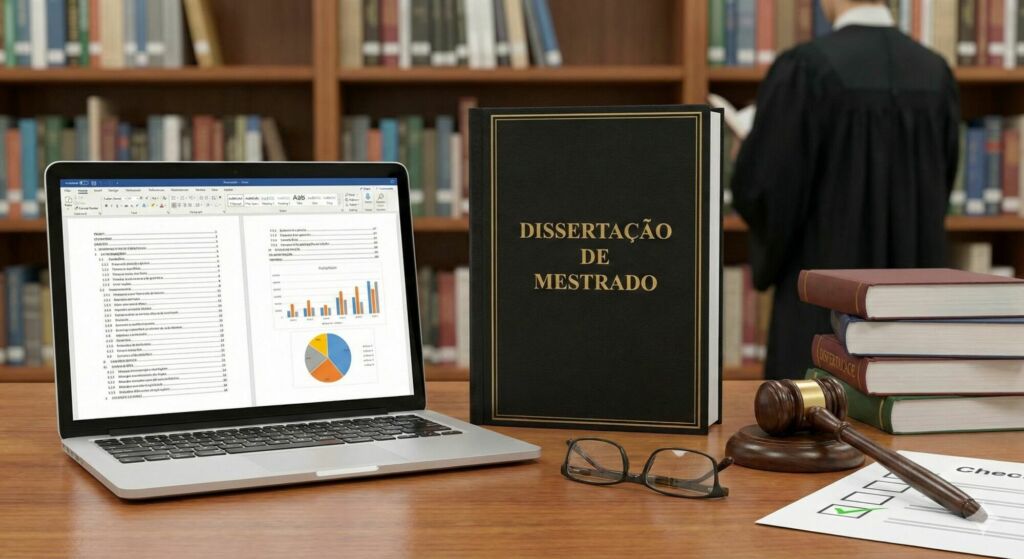 Imagem de um notebook aberto, uma Dissertação para Mestrado em pé na mesa.