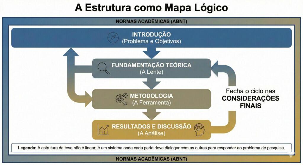 A estrutura da tese não é linear; é um sistema onde cada parte deve dialogar com as outras para responder ao problema de pesquisa.