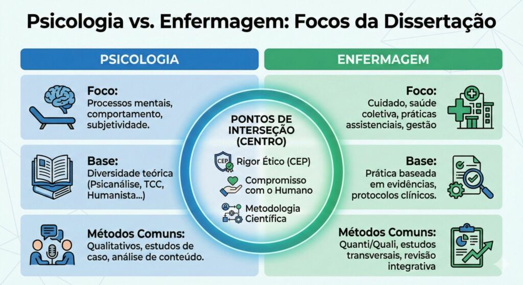 Infográfico Comparativo: Especificidades da Pesquisa Dissertação de Mestrado em Enfermagem e Dissertação de Mestrado em Psicologia