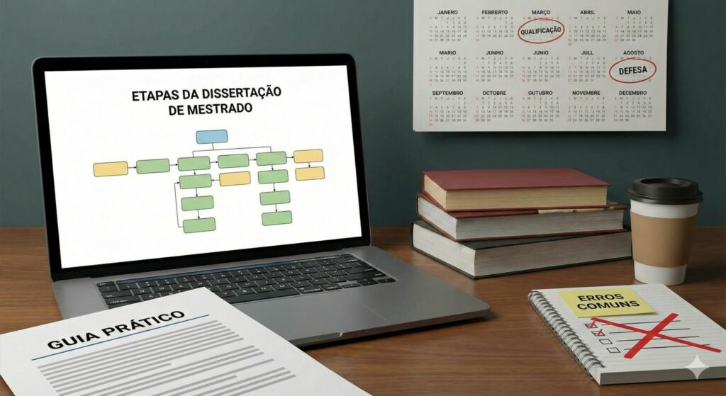 Mesa de estudo com notebook aberto com as etapas do Mestrado Dissertação.