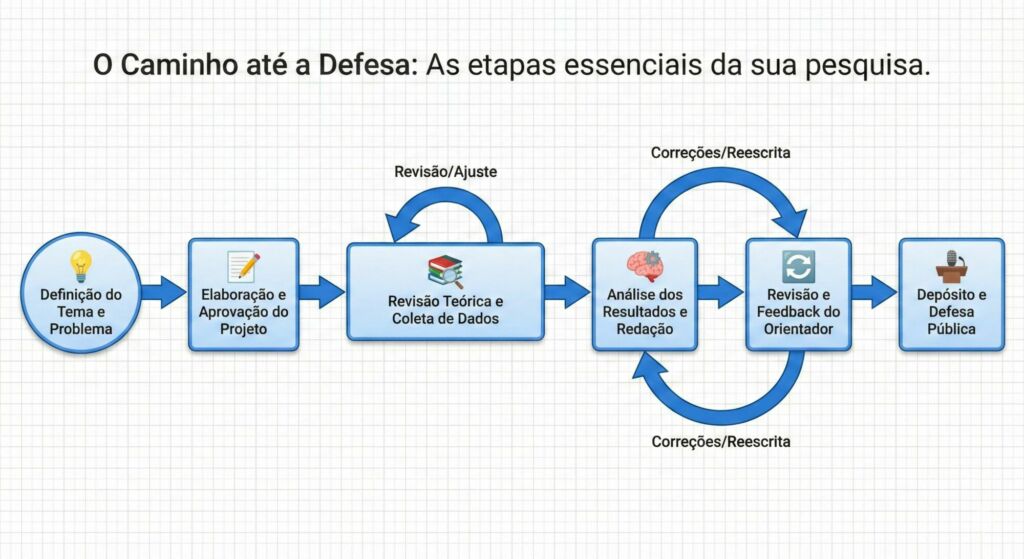 Infográfico mostrando O Ciclo de Vida da Dissertação com o título O caminho até a defesa: as etapas essenciais da sua empresa.