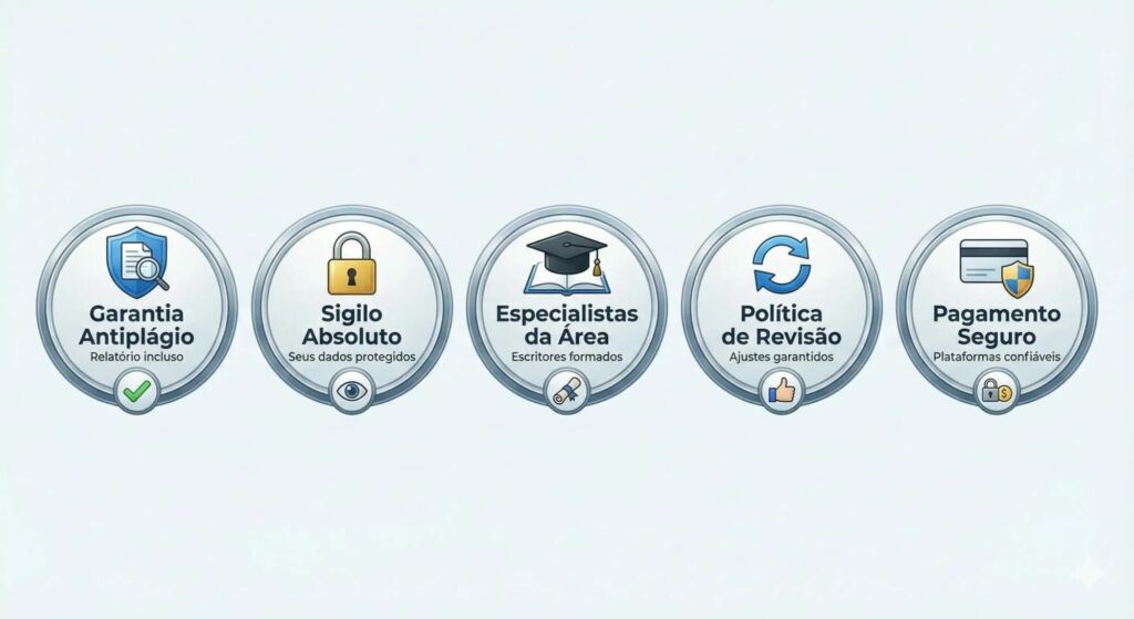 Conjunto de cinco selos de segurança digitais estilo medalha, dispostos horizontalmente, indicando garantias de um serviço confiável de TCC. Da esquerda para a direita: ícone de escudo para "Garantia Antiplágio" (relatório incluso); ícone de cadeado para "Sigilo Absoluto" (dados protegidos); ícone de capelo para "Especialistas da Área" (escritores formados); ícone de setas de atualização para "Política de Revisão" (ajustes garantidos); e ícone de cartão de crédito para "Pagamento Seguro" (plataformas confiáveis).