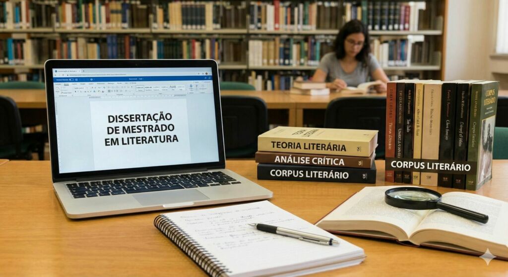 Notebook em uma mesa de escritório, na tela tem uma Dissertação de Mestrado em Literatura, com 1 caderno em cima da mesa, ao lado uma caneta.