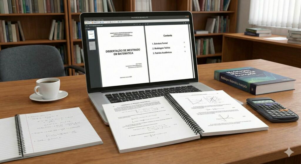 Em uma mesa está aberto alguns livros e uma Dissertação de Mestrado em Matemática em PDF