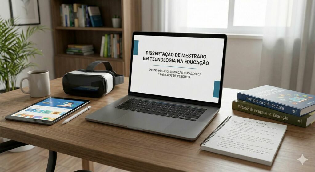 Dissertação de Mestrado em Tecnologia na Educação aberta em um notebook em cima de uma mesa.