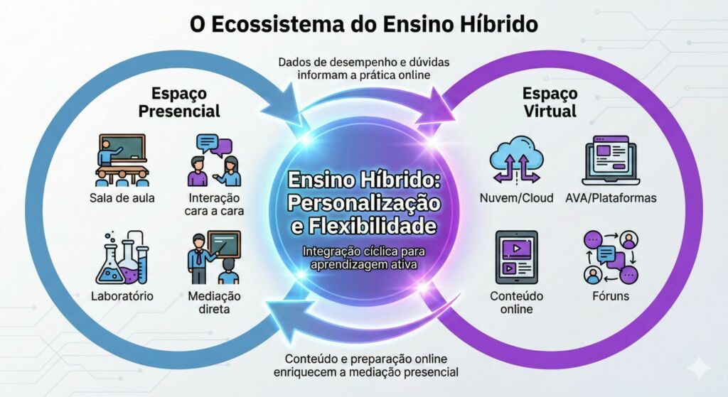 Infográfico de Fluxo: "O Ecossistema do Ensino Híbrido"