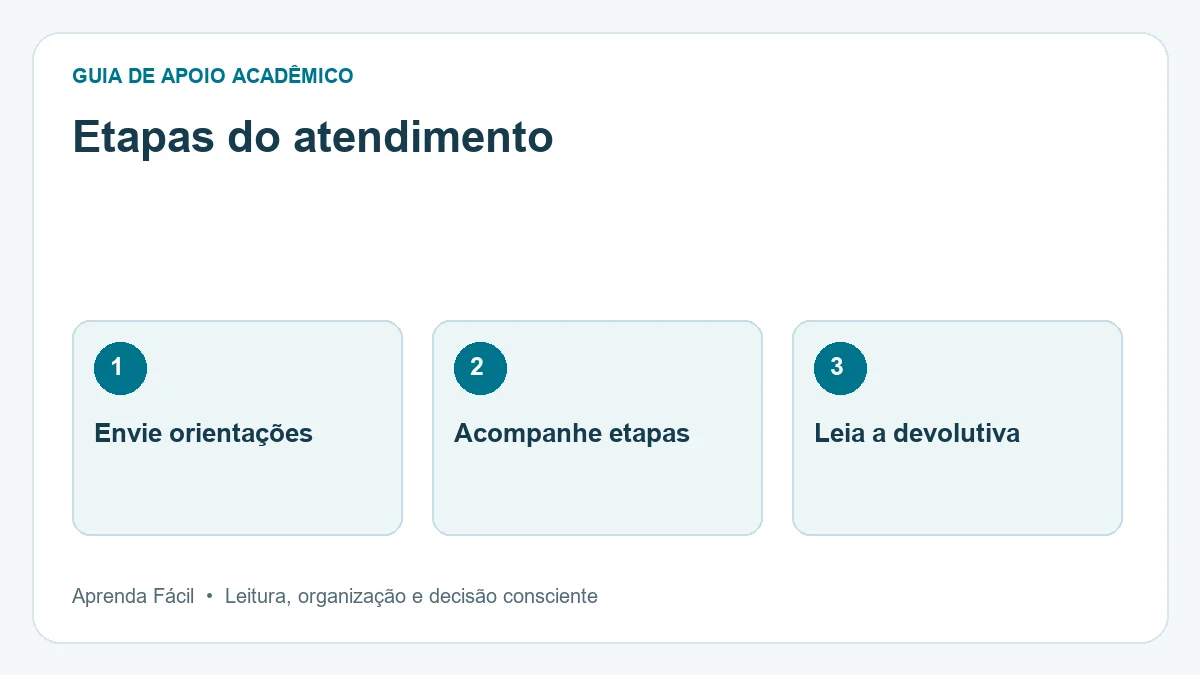 Diagrama de etapas do atendimento, em três etapas: envie orientações, acompanhe etapas, leia a devolutiva.