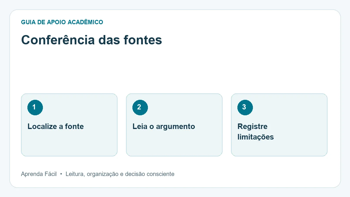 Diagrama de conferência das fontes, em três etapas: localize a fonte, leia o argumento, registre limitações.