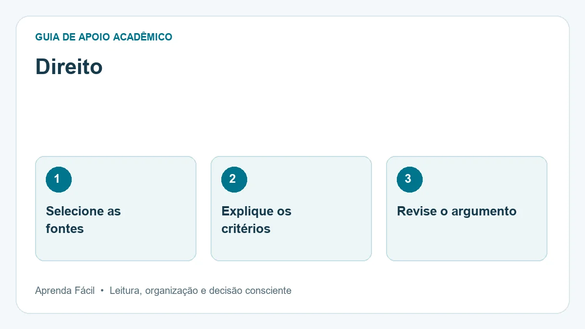 Diagrama de direito, em três etapas: selecione as fontes, explique os critérios, revise o argumento.