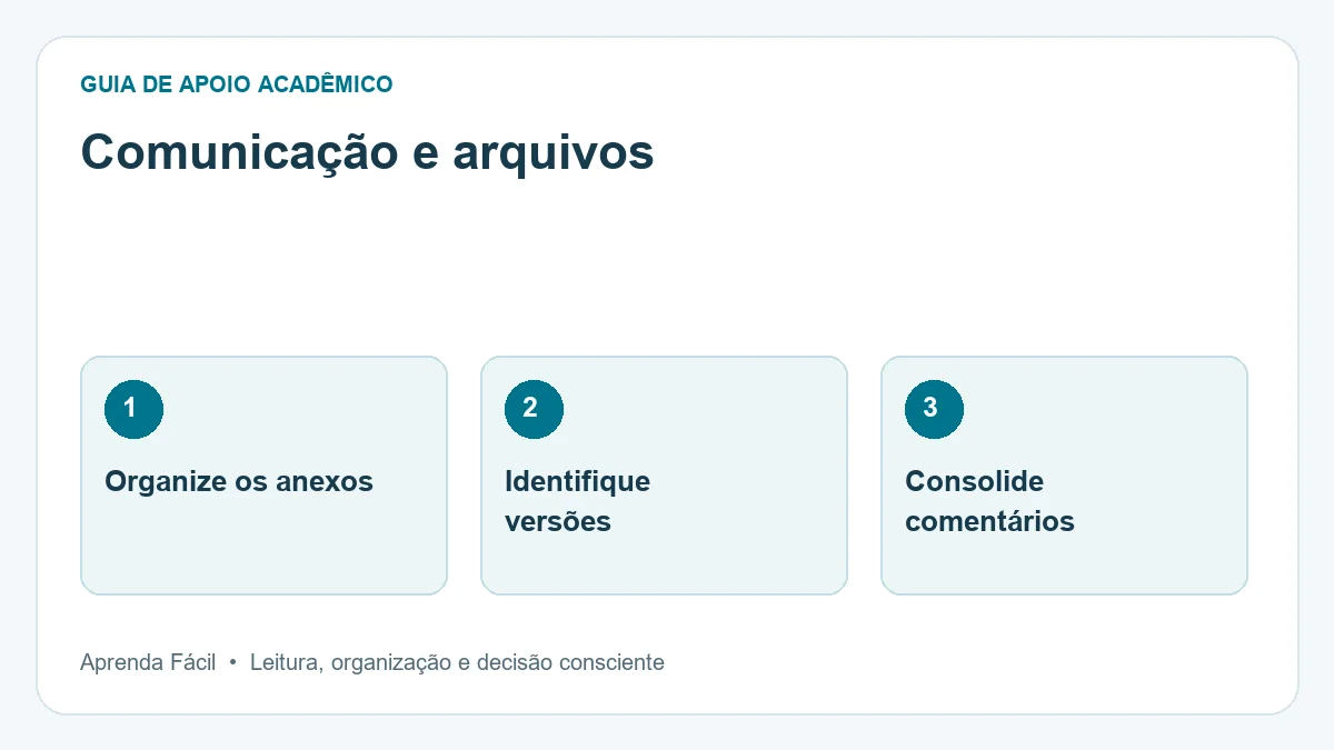 Diagrama de comunicação e arquivos, em três etapas: organize os anexos, identifique versões, consolide comentários.