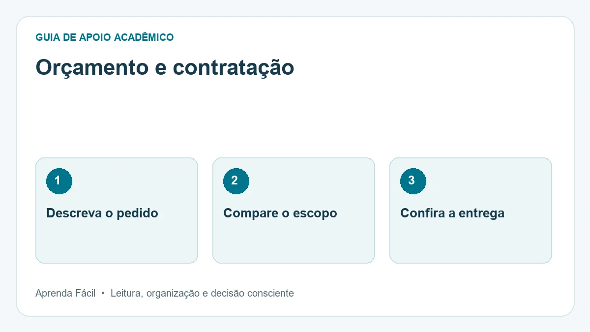 Diagrama de orçamento e contratação, em três etapas: descreva o pedido, compare o escopo, confira a entrega.