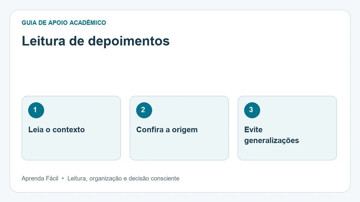 Diagrama de leitura de depoimentos, em três etapas: leia o contexto, confira a origem, evite generalizações.