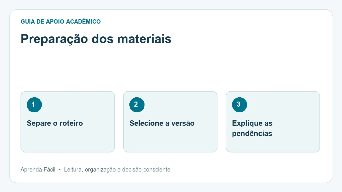 Diagrama de preparação dos materiais, em três etapas: separe o roteiro, selecione a versão, explique as pendências.