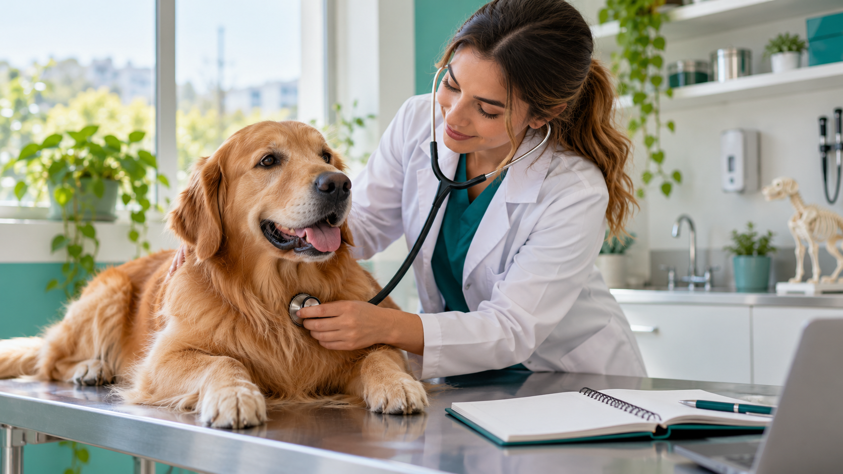 Veterinária examina cão em clínica durante pesquisa acadêmica