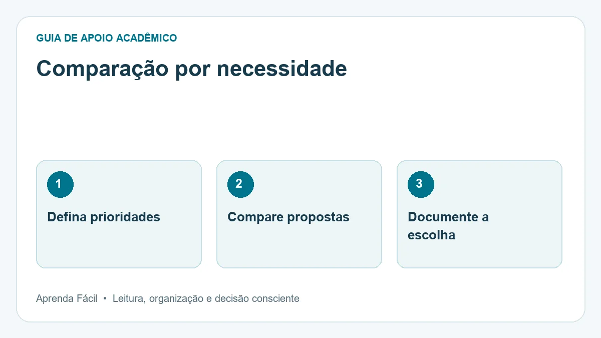 Diagrama de comparação por necessidade, em três etapas: defina prioridades, compare propostas, documente a escolha.