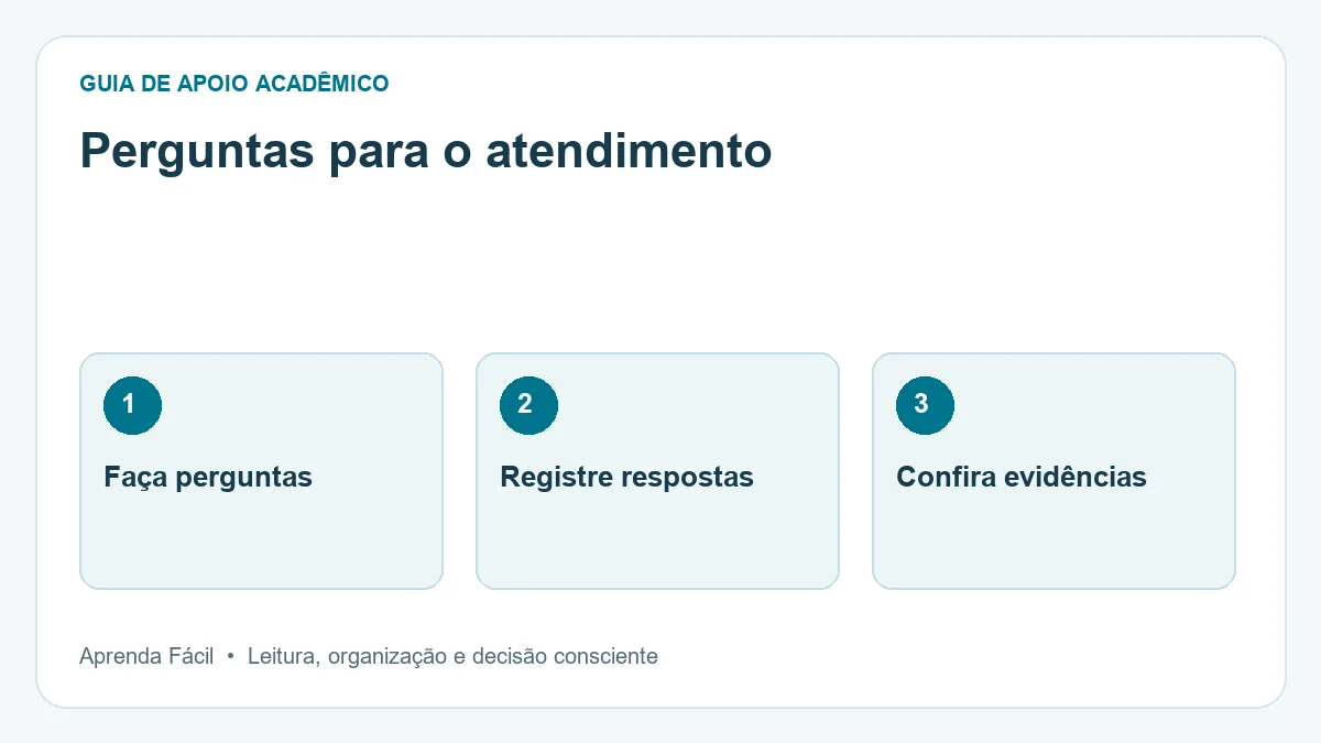 Diagrama de perguntas para o atendimento, em três etapas: faça perguntas, registre respostas, confira evidências.