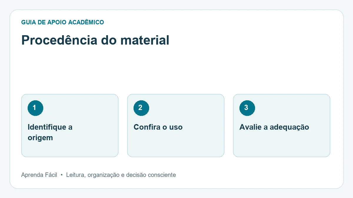 Diagrama de procedência do material, em três etapas: identifique a origem, confira o uso, avalie a adequação.
