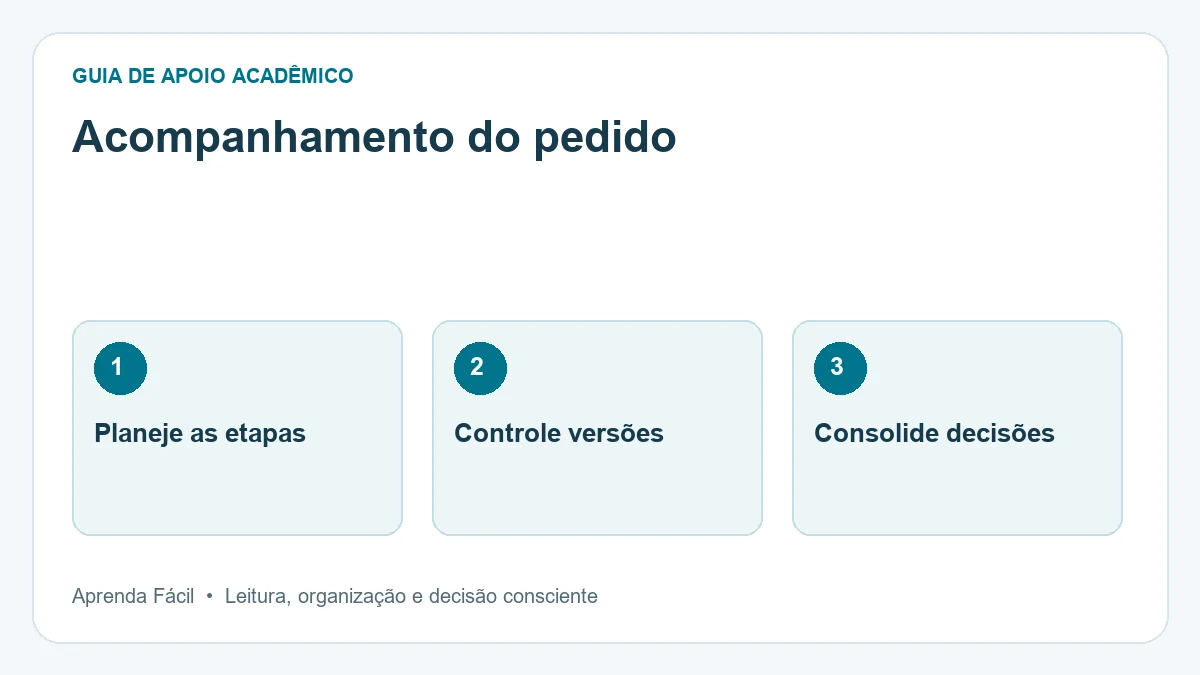 Diagrama de acompanhamento do pedido, em três etapas: planeje as etapas, controle versões, consolide decisões.