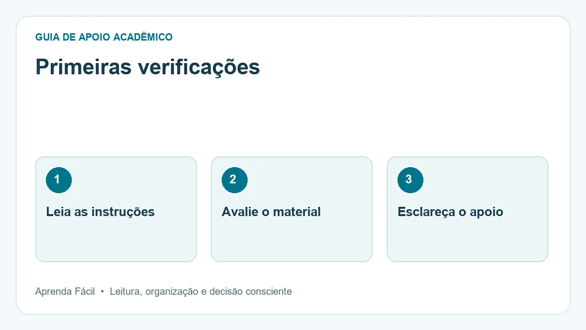 Diagrama de primeiras verificações, em três etapas: leia as instruções, avalie o material, esclareça o apoio.