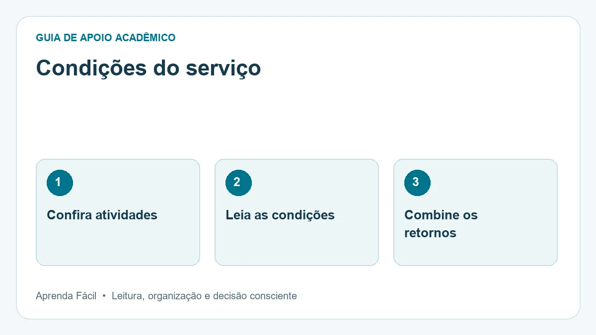 Diagrama de condições do serviço, em três etapas: confira atividades, leia as condições, combine os retornos.