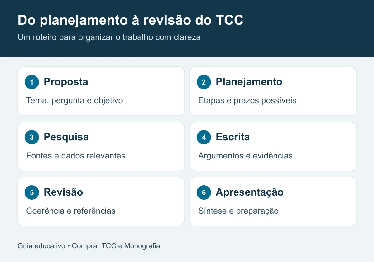 Seis etapas de organização do TCC: proposta, planejamento, pesquisa, escrita, revisão e apresentação.